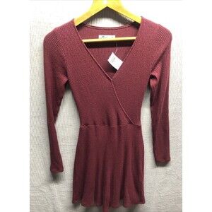 Hollister Dress Size Small Maroon Wrap Over V Neck Ribbed Soft Feel NWT